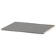This image shows a single, rectangular HAUGA shelf in grey. Its flat and made from particleboard and acrylic paint, with plastic edging.