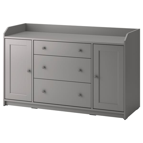Grey HAUGA sideboard with drawers and cupboards, modern design, adjustable hinges.