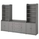 A grey HAUGA storage set including two tall bookcases and a wide sideboard with drawers and cabinets.