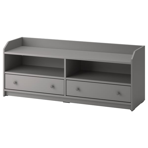 This image shows a grey HAUGA tv bench with two drawers and open shelves, designed for home use.