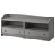 This image shows a grey HAUGA tv bench with two drawers and open shelves, designed for home use.