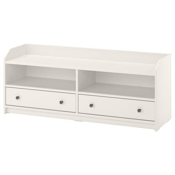 White HAUGA tv bench with two drawers and open shelves, sleek and modern design.