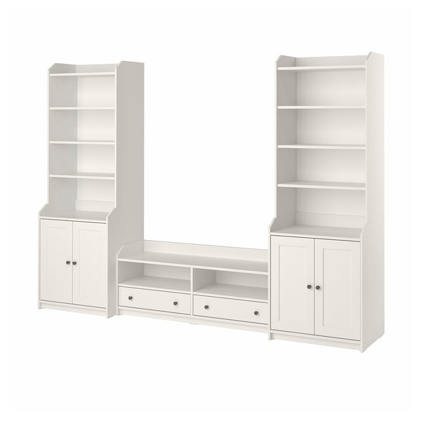 White HAUGA storage set: tv bench, 2 tall bookcases with shelves and doors, clean design.