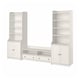 White HAUGA storage set: tv bench, 2 tall bookcases with shelves and doors, clean design.