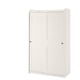 A white HAUGA wardrobe with sliding doors, made of particleboard, fiberboard, and acrylic paint. It has a rectangular shape with a traditional design.
