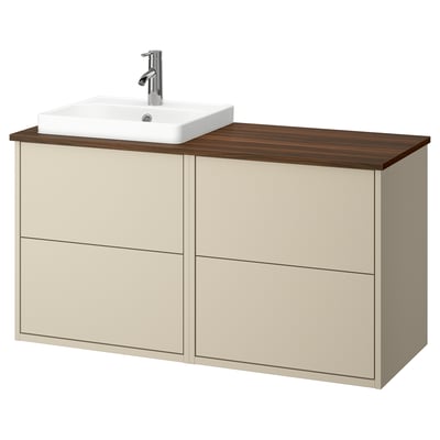 HAVBÄCK beige bathroom vanity with sink and drawer.