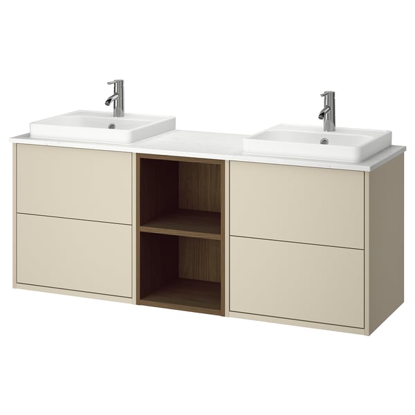 Modern beige bathroom vanity with two square white sinks, open shelf, and wall-mount design.