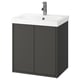 Black wall-mounted bathroom cabinet with white sink, modern design.