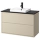 Modern beige wall-mounted bathroom vanity with black countertop, white basin, and black faucet.