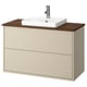 Beige bathroom cabinet with wooden top, rectangular white sink, chrome tap.