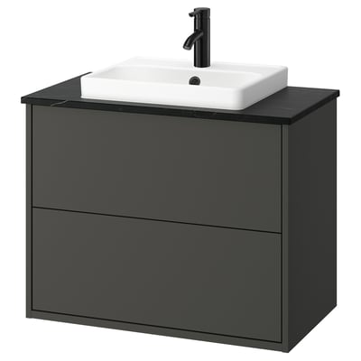 Modern black HAVBÄCK bathroom cabinet with square white basin, wall-mounted, sleek design.