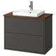 Modern bathroom vanity, HAVBÄCK: dark grey cabinet, 2 drawers, wooden counter, white sink, sleek design.
