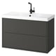 Modern grey wall-mounted bathroom vanity with white countertop and sink, black tap.