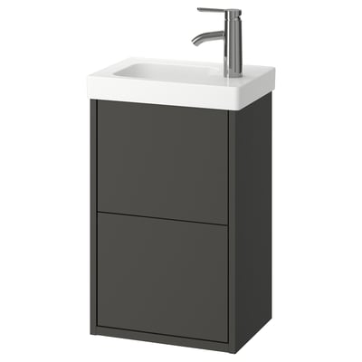 HAVBÄCK grey bathroom vanity, wall-mounted, 2 drawers, white sink, modern design.