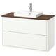 HAVBÄCK white wall-mounted bathroom cabinet, wood top, rectangular ceramic sink, chrome faucet.