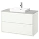 White wall-mounted bathroom vanity with two drawers, square sink, chrome faucet.
