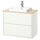 HAVBÄCK white bathroom vanity, bamboo countertop, modern square sink, wall-mounted storage.