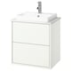 A white HAVBÄCK bathroom vanity with a rectangular sink and chrome faucet. It a sleek, modern design with two storage drawers and a white countertop.