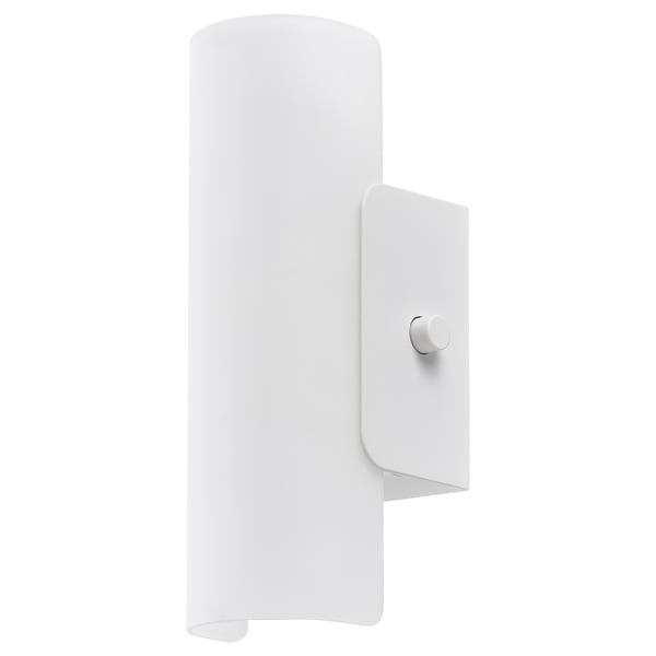 Is of a white HAVSDUN wall lamp with a frosted glass shade and a modern design.