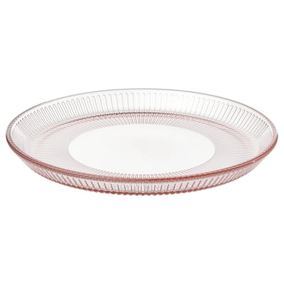This image pinkish, round glass plate with vertical design, made of tempered glass, perfect for serving foods.