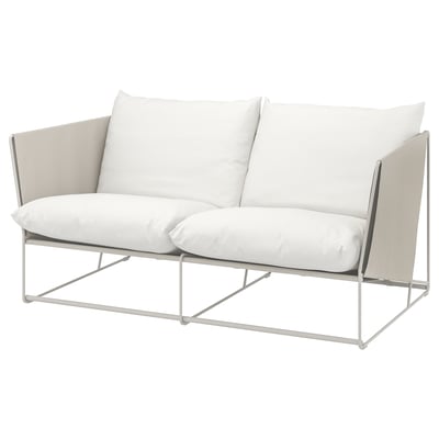 HAVSTEN, white outdoor sofa with cushions on metal frame.