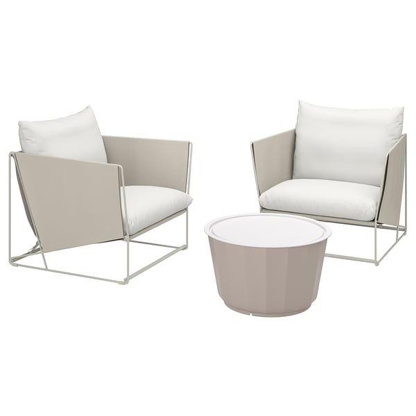 Modern white mesh outdoor chair & table set. Chrome frame, plush cushions.