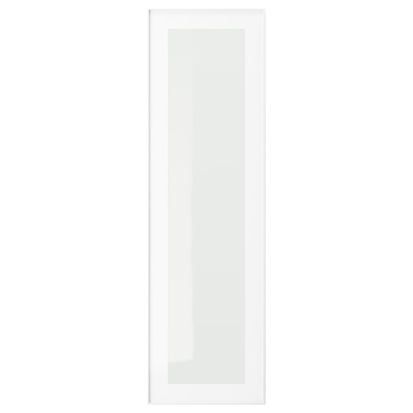 A sleek, white HEJSTA glass cabinet door with an aluminium frame and clear glass panel.