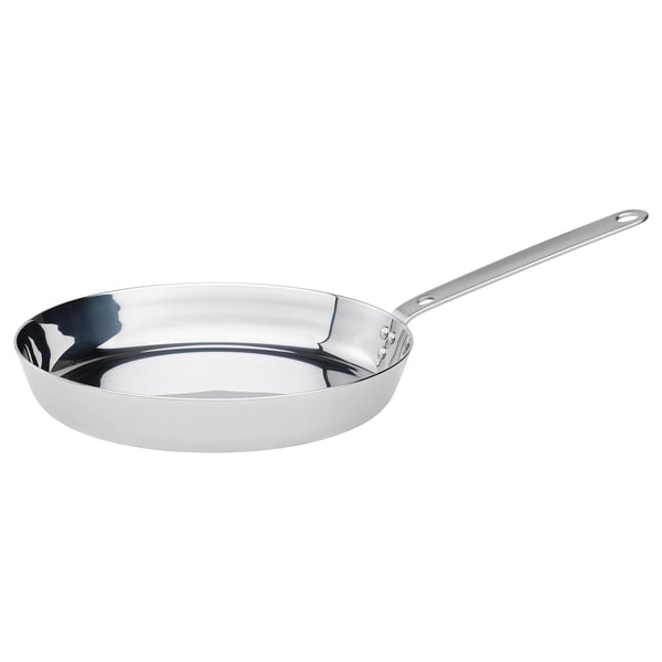 Stainless steel frying pan: round base, long handle