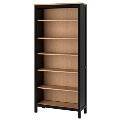 HEMNES bookcase, light brown wood, black frame, adjustable shelves.