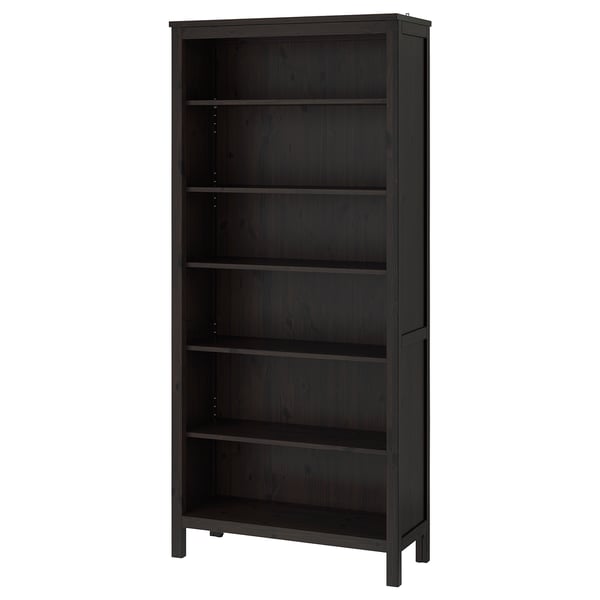 HEMNES black bookcase, tall and slim, solid pine, five adjustable shelves.