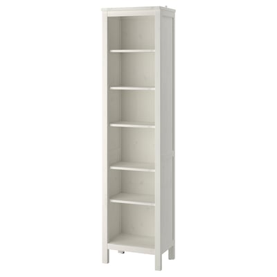 A white HEMNES tall bookcase made from sustainable pine wood, featuring adjustable shelves and a classic design.