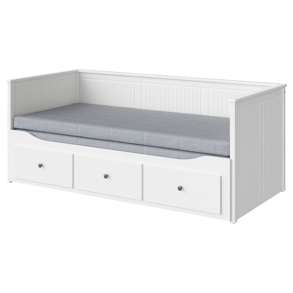 White HEMNES day-bed with 3 drawers, foam mattress, dual function for guest sleep.