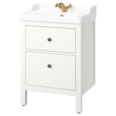 White HEMNES bathroom vanity, gold tap, two drawers.