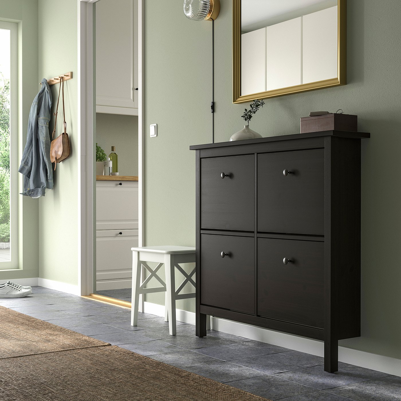 HEMNES shoe cabinet with 4 compartments, black-brown, 107x22x101