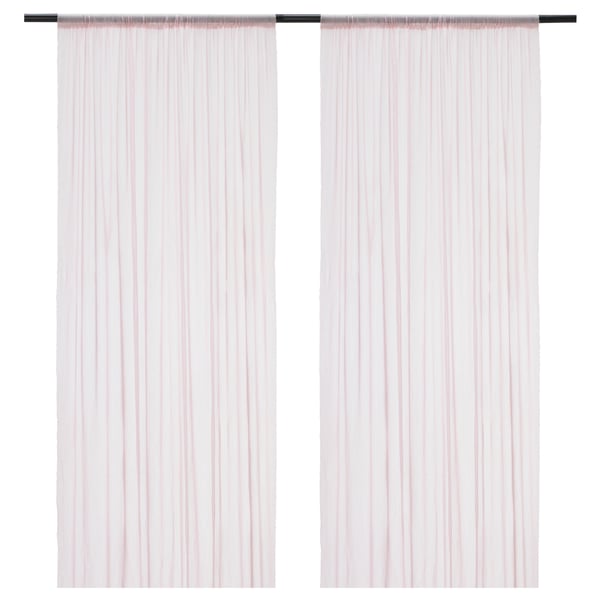 Two light pink curtains with rod pocket hanging, sheer fabric for privacy and daylight.