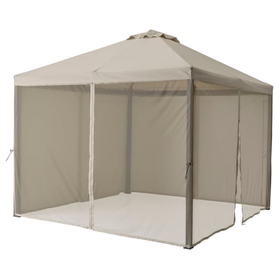 HIMMELSÖ beige gazebo, square shaped with mesh walls, steel frame, sun-shielding canopy.