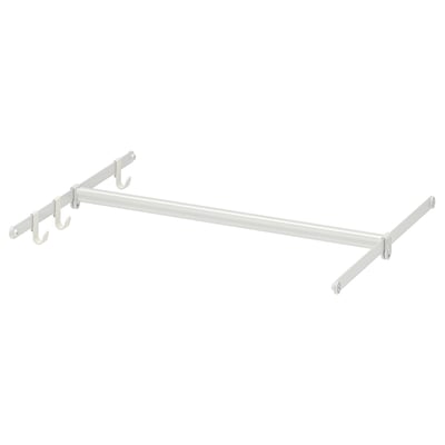 This image shows a white steel clothes rail with adjustable hooks. It is designed to hang inside closets for organising clothes.