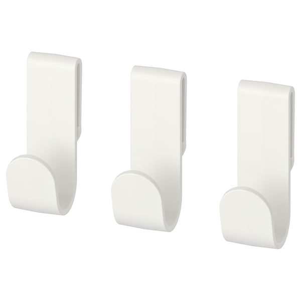 Three white plastic hooks, simple, rectangular design, attached to nothing, arranged in a row.