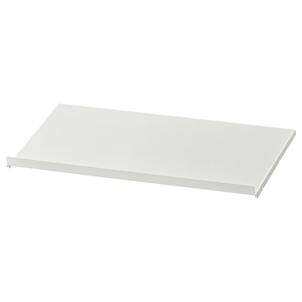 A white HJÄLPA metal shelf for organising space. Its rectangular, with a mesh surface and sturdy edges.