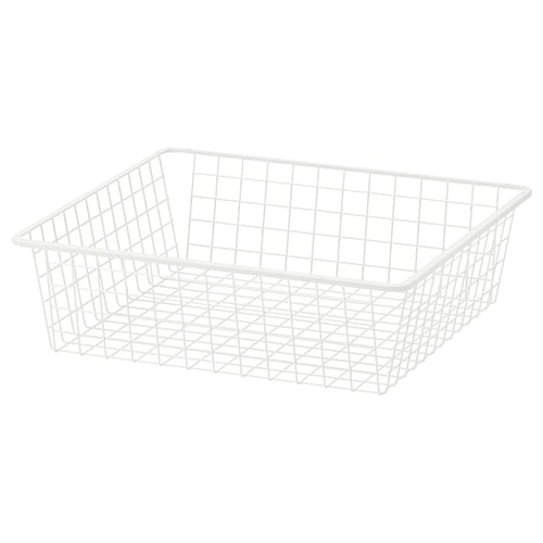 A white HJÄLPA wire mesh basket. It is rectangular with a grid design, ideal for storage, and made of steel coated with epoxy.