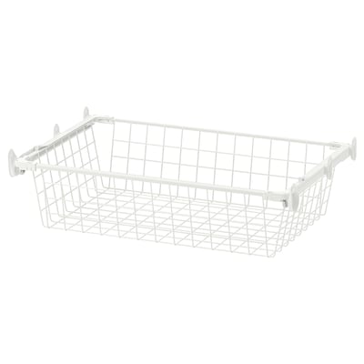 A white wire storage basket with a grid design, featuring a rolling mechanism for easy access.