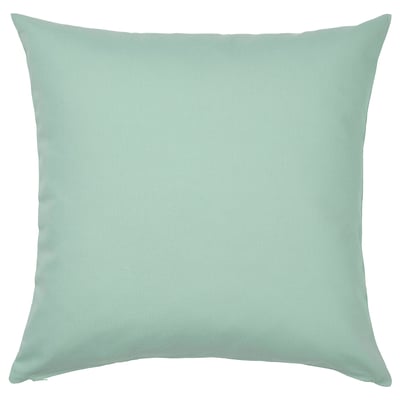 Square mint green cushion. Simple, solid colour, smooth texture.