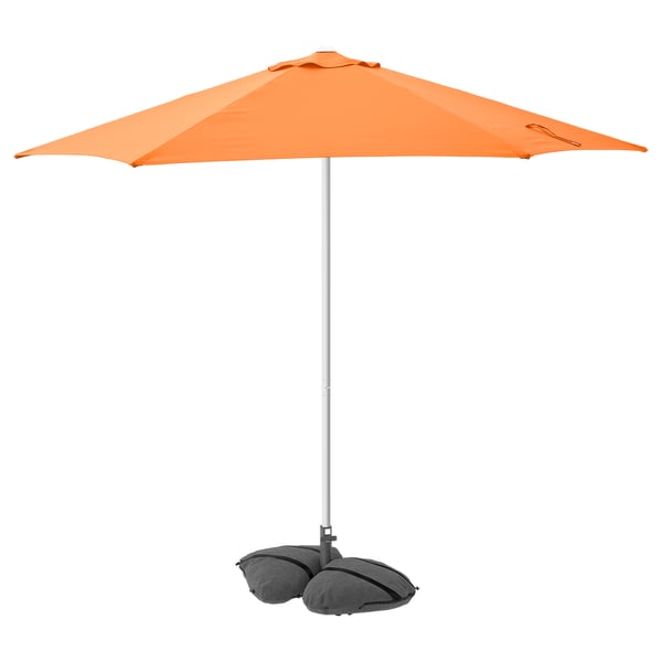 Orange beach parasol with grey base bags, aluminium pole, upf 25+ fabric for sun protection, easy to open and close.
