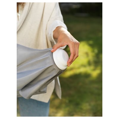 Person holding a white HÖGÖN parasol handle, wearing a light blue garment. Background is greenery.