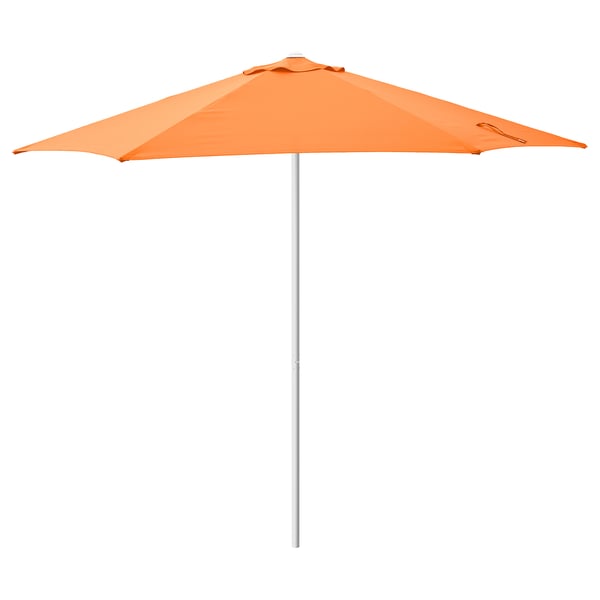 Bright orange HÖGÖN umbrella with metallic pole, fully opened, round canopy, simple design, perfect for sunny days.
