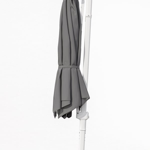 Grey HÖGÖN hanging parasol, closed with strap, protects from uv, attaches via loop.