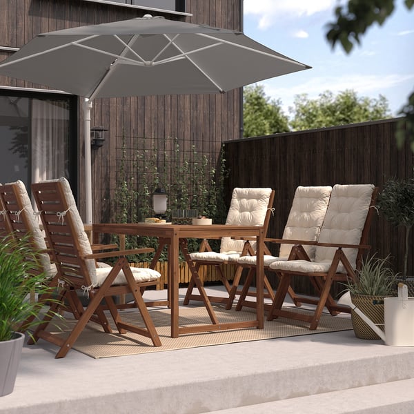 Outdoor seating with wooden table & HÖGÖN black parasol, cushioned chairs and lush plants, perfect for relaxation.