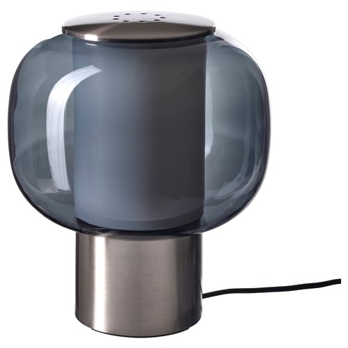 HÖGVIND lamp, metallic base, gray-smoked glass shade, modern rounded design, dimmable, eco-friendly materials.
