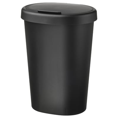 A black HÖLASS waste sorting bin. Its made of polypropylene plastic, cylindrical with a flat lid, and has small openings for securing bags.