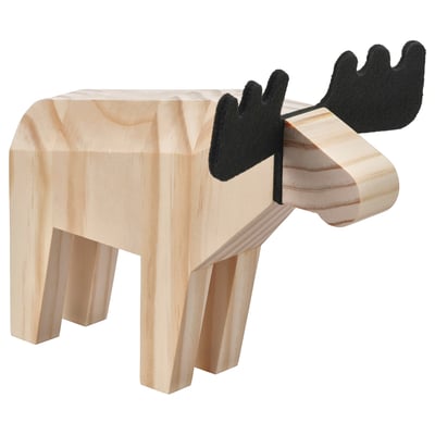 Wooden moose statue with black felt antlers.